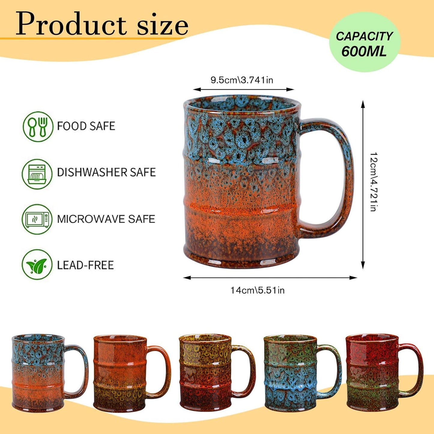 Blue and Brown 20 oz Ceramic Coffee Mugs - Large, Dishwasher and Microwave Safe, Perfect for Office and Home