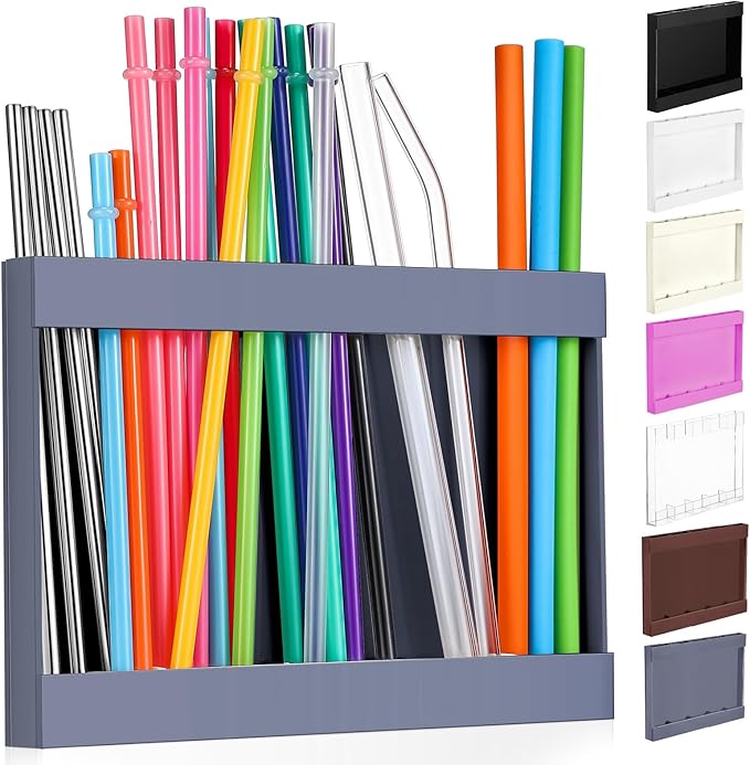 Qinyoung Acrylic Straw Holder for Cabinet Door with Double Sided Adhesive Tape Reusable Straw Organizer Tumbler Storage Kitchen Accessories Container for Counter Cupboard(Classic,Large,Grey)