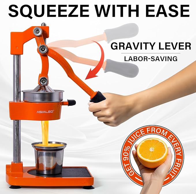 Manual Cast Iron Citrus Juicer,Commercial Hand Press,Heavy Duty Countertop Squeezer for Fresh Orange Lemon Juice,Stable When Pressed,Easy to Use & Clean (Orange)