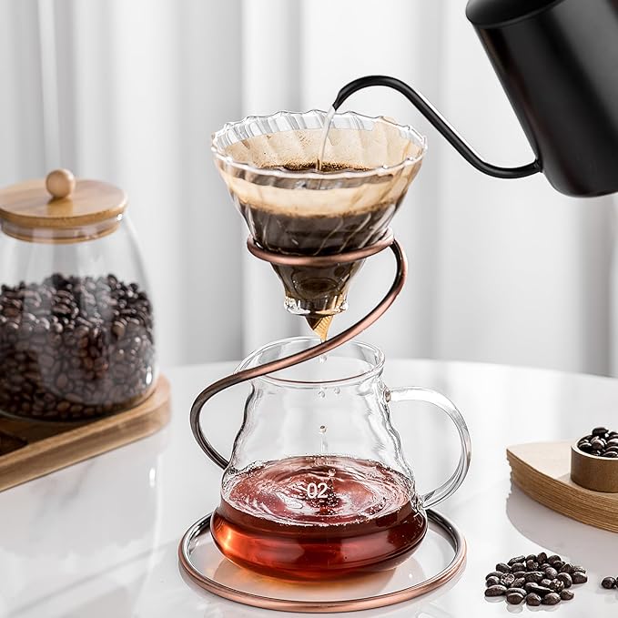 Coffee Pour Over Set – Complete Pour Over Coffee Maker with Dripper, 40Filters, and Metal Stand – Portable & Stylish V60 Style Drip Coffee Brewer