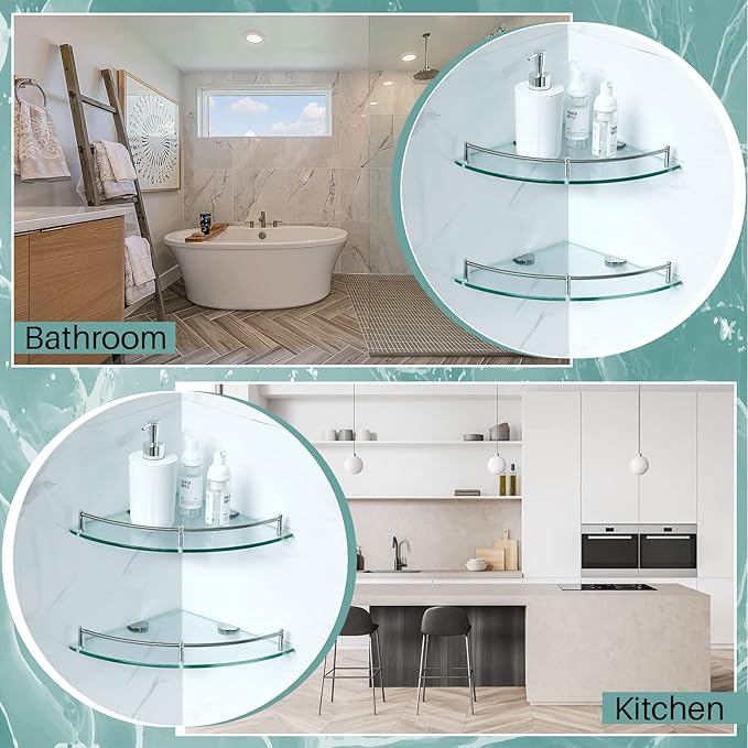 Crowye 4 Pcs Corner Shower Shelf 2-tier Glass Corner Shelf Stainless Steel Wall Mounted Bathroom Organizer for Storing Shower Gel Shampoo Brush, 9.25 Inches (Silver)