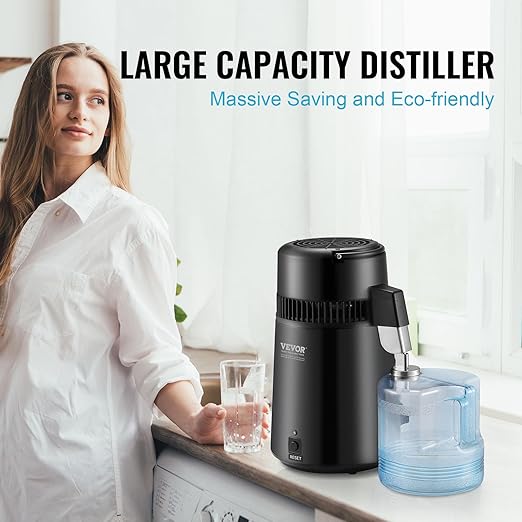 VEVOR Water Distiller, 4L/ 1.05 Gallon Pure Water Distilling for Home Countertop, 750W Distilled Water Maker, 304 Stainless Steel Interior Stiller Water Making Machine to Make Clean Water, Black