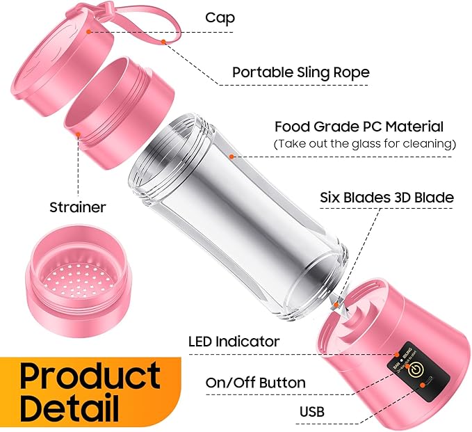 Cordless Portable Personal Size Blender - Mini Blender Make Smoothies and Shakes, 380Ml BPA Free Travel Cup, Powerful Blending Suit in Office/Home/Gym