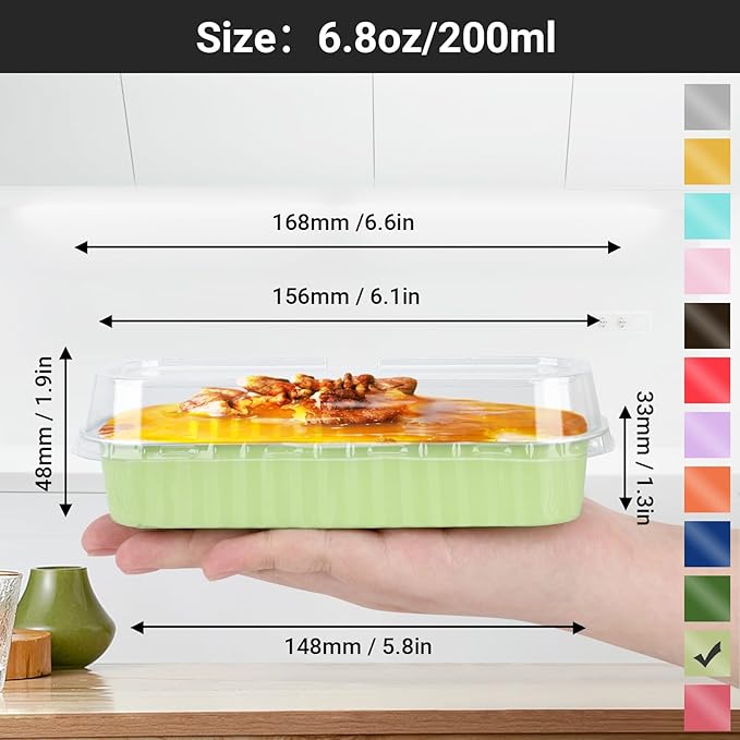 EUSOAR Foil Ramekins with Lids, 100pcs 6.8oz 6.5"x2.5"x1.2" Disposable Aluminum Baking Cups Mini Cake Pans with Lids, Rectangle Cupcake Dessert Cheesecake Creme Brulee Containers Wrappers Pan