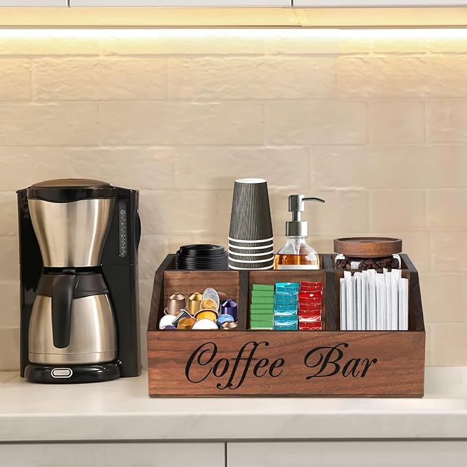 ugiftt Coffee Station Organizer for Counter, Wood Coffee Pods Holder Storage Basket, Tea Condiment Storage Organizer, Rustic Coffe Bar Decor for Accessories