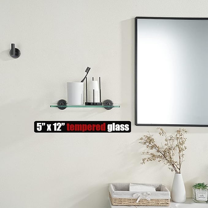 JQK Bathroom Glass Shelf Oil Rubbed Bronze, Tempered Glass Shower Storage 12 by 5 inches, 304 Stainless Steel ORB Wall Mount, TGS101L12-ORB