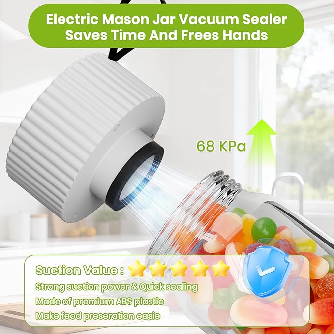 Electric Mason Jar Vacuum Sealer Kit, One-Touch Electric Sealing， for Wide-Mouth Regular-Mouth Mason Jars, Portable Vacuum Sealer for Jars, Gifts for Mom, Grandma(2026 Upgraded)