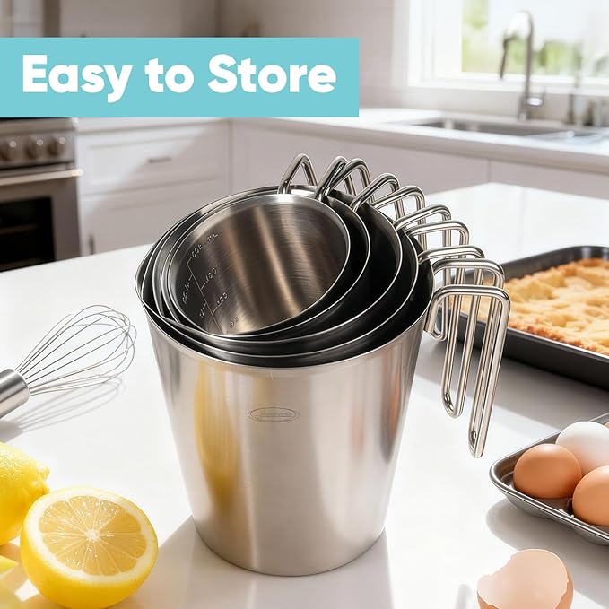 Newness 5 Pack Stainless Steel Measuring Cups Set (3 Marking Including Cup/ML/Oz Scale)(2, 3, 4, 6 & 8 Cup) Metal Measuring Cup with Handle For Prepping, Baking and Cooking, Dishwasher, Microwave Safe