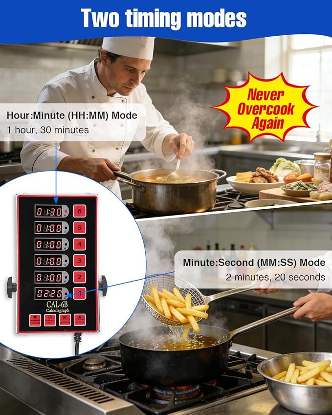 Commercial Kitchen Timer, 6 Channel Timer Restaurant Kitchen Supplies, Heavy-Duty Timer - Stainless Steel | Digital LED Technology | Reminder Function | Loud Alarm