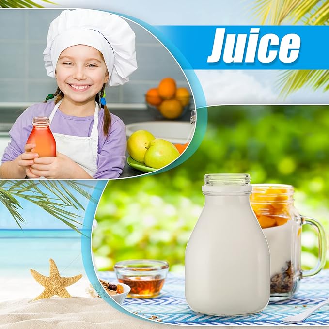 6 Glass Milk Bottles with Lids - 16oz, Reusable for Almond Milk, Coffee Creamer, Parties & Picnics