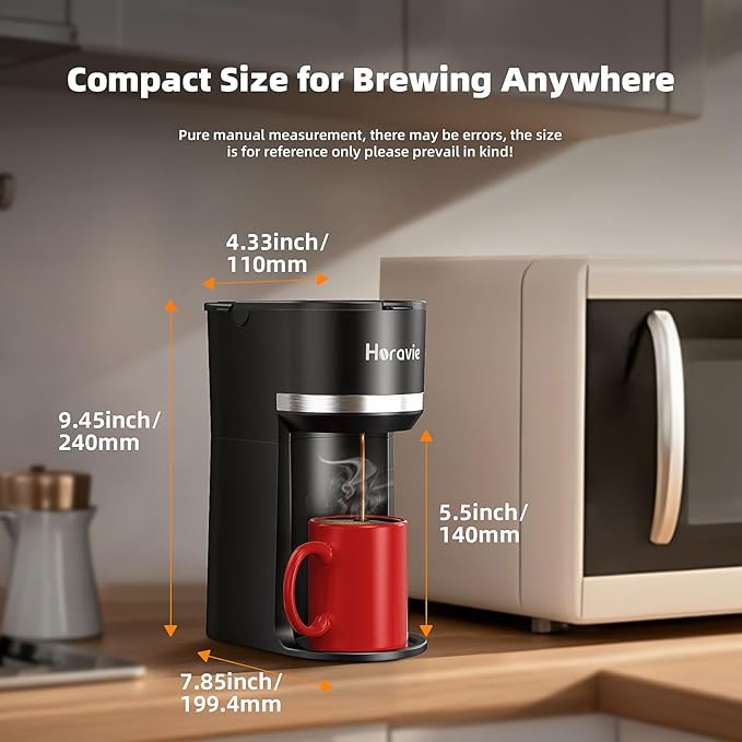 Horavie Mini Single Serve Coffee Maker for K Cup and Ground Coffee, Fast Brew One Cup Coffee Machine with Descaling Reminder and Water Window, 6 to 12 oz. Brew Sizes, Black