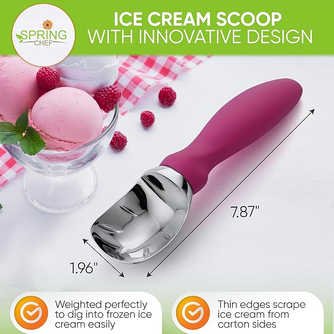 Spring Chef Premium Ice Cream Scoop, Magenta & Stainless Steel Magnetic Measuring Cups, Set of 7, Black - 2 Product Bundle