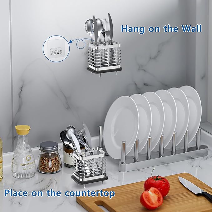 Utensil Holder for Kitchen Counter, Small Stainless Steel Cutlery Holder Organizer with Drying Diatomaceous Earth Base, 2 Slots Utensil Drying Rack Spoon Fork Organizer Crock Storage, Sliver