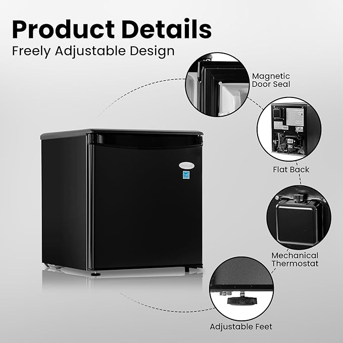 ROOMWELL E-Star 1.7 Cu Ft Mini Fridge for Office, Compact Black Small Refrigerator Without Freezer Automatic Defrost With Integrated Door Handle, 37 dB Countertop Fridge Quite, Ideal for Bedroom, Dorm