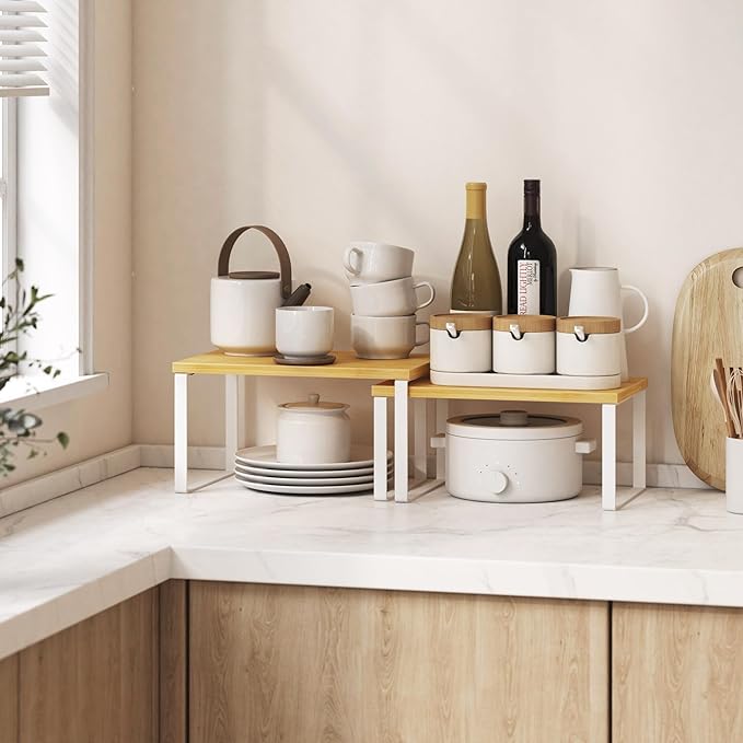 Kitchen Cabinet Organizer Shelf Set of 4, Sturdy Kitchen Counter Shelves with Metal Legs, Stackable Expandable Wood Spice Rack Pantry Cupboard Dish Mug Cup Storage Organizer Shelf,White+Bamboo