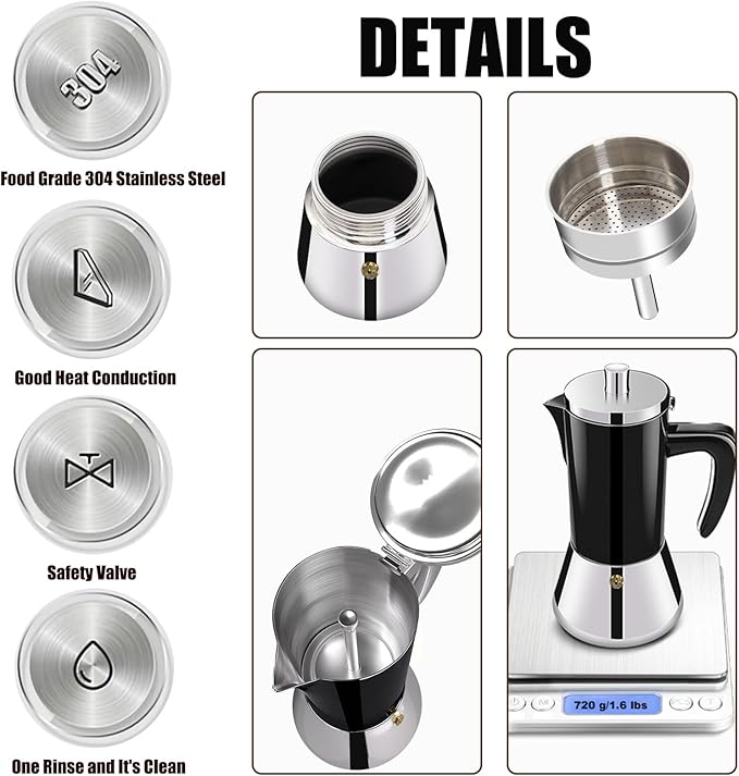 6 Cup Thickened 304 Stainless Steel Moka Pot Stovetop Espresso Maker Cafeteras Italian Percolator Espress Makers Capable Greca Mocha Coffee Machine for Induction Home and Camping 300ml 10oz