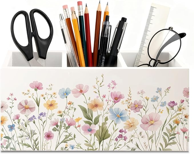 Rustic Wildflower Wooden Utensils Holder, Watercolor Nature Wild Flower Botanical Wood Cooking Utensil Holder Organizer for Kitchen Countertop Counter Decor