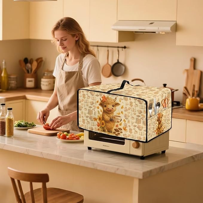 Toaster Oven Dust Cover Dustproof Convection Microwave Ovens Cover Stain-resistant Small Countertop Appliance Protector, M, Highland Cow Coffee Sunflower Fall Decor