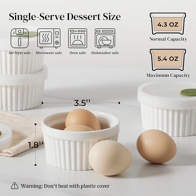 DOWAN Ramekins with lids 4 oz, Creme Brulee Ramiken Oven Safe, Ceramic Baking Bowls Souffle Dishes, Custard Cups Charcuterie Boards Bowls Dipping Sauces, Set of 6, White
