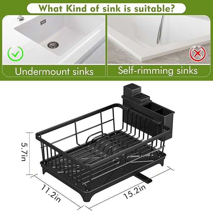 Kmiectse Dish Drying Rack - Space-Saving Small Dish Rack for Kitchen Counter, Rust-Resistant Kitchen Drying Rack, Compact Dish Drainer Organizer with Utensil Holder for Home Kitchen, Black