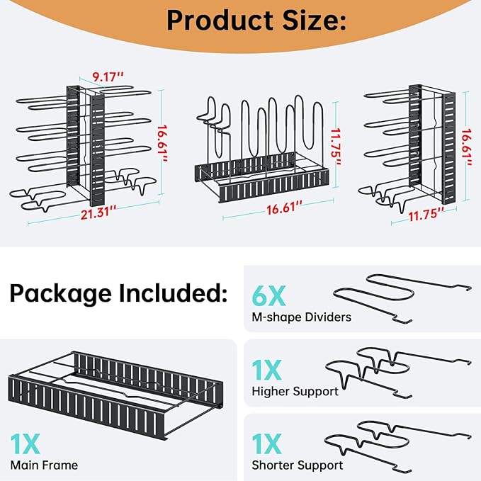 MUDEELA Pots and Pans Organizer Rack under Cabinet 16.61 Height, 8 Tiers Adjustable Pot Pan Rack with 3 DIY Methods, Pot Lid holder for Kitchen Cabinet Organizers and Storage