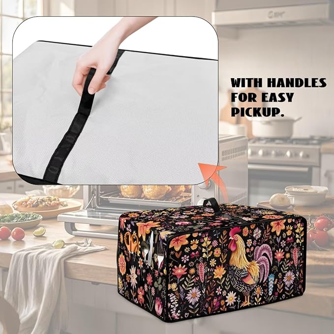 Microwave Oven Cover Air Fryer Toaster Oven Dust Cover with Accessory Pockets, Stain-resistant Small Electric Appliance Protector for Kitchen, S, Rooster Chicken Floral Black