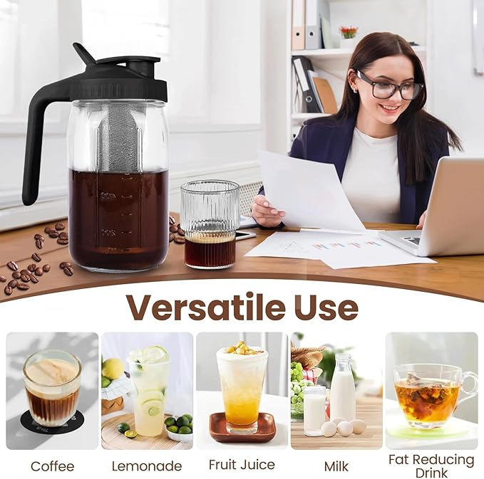 Cold Brew Coffee Maker,32 Oz Mason Jar Pitcher with Stainless Steel Filter, Pour Spout Handle Lid, Heavy Duty Glass Airtight & Leak-Proof for Iced Coffee Tea Breastmilk Lemonade-Black