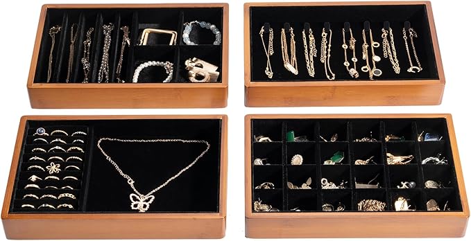 ProCase 4-Set Bamboo Stackable Jewelry Organizer Tray, Jewelry Drawer Inserts Container Display Case Storage for Earring Necklace Rings Bracelet with Removable Dividers -Black