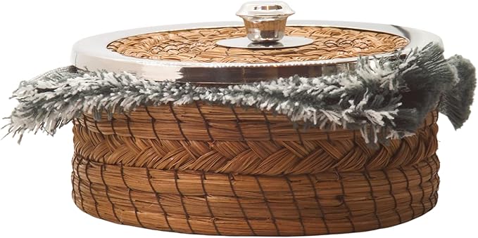 Authentic Mexican Tortilla Warmer Basket - Pine Needle Handwoven with Handloomed Cloth (8" metal Rim w cloth)