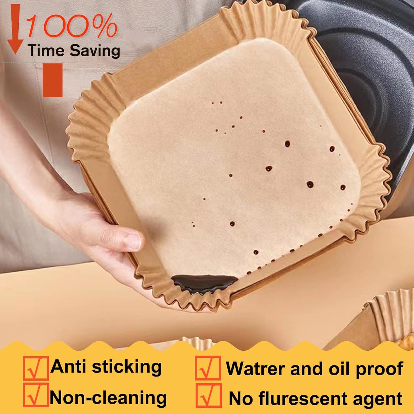 Air Fryer Disposable Paper Liner Square 10 Inch, 100Pcs Largest Square Air Fryer Paper Liners for 8-12QT Air fryer, Non-stick Food Grade Parchment Paper for Frying, Cooking, Roasting and Microwave