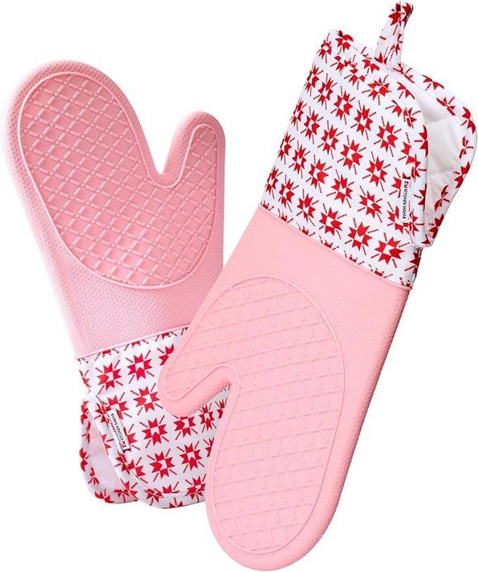 Kitchen Mama UltraShield Silicone Oven Mitts – Heat Resistant, Non-Slip Surface, Durable, Safe, Pot Holders, Flexible Waterproof Glove Set, Perfect for Cooking, Baking, Grilling, BBQ (Gem-Red)
