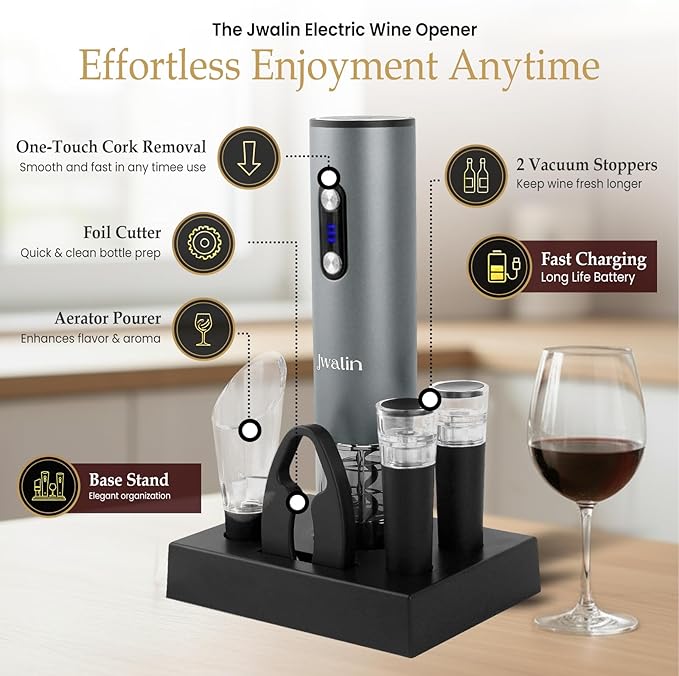 Rechargeable Electric Wine Opener Gift Set – 6-in-1 Automatic Wine Bottle Opener with Foil Cutter, Aerator Pourer, 2 Vacuum Stoppers & Base Stand – Perfect Wine Gift for Wine Lovers