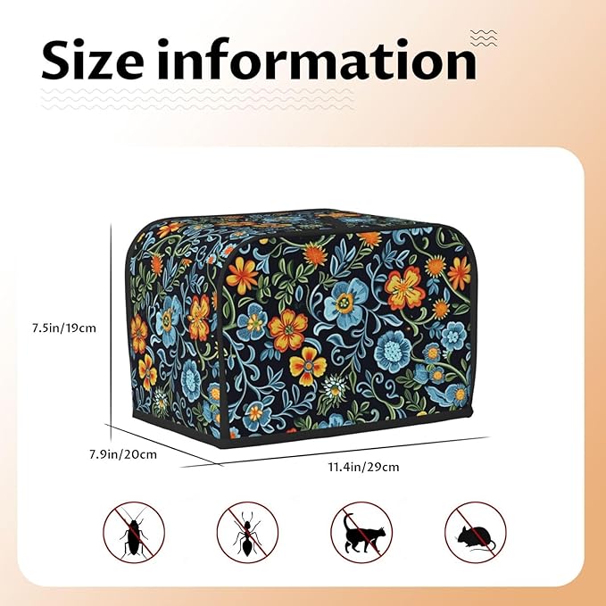 Blue Floral Toaster Cover 2 Slice, Cute Rural Bread Machine Cover, Washable Dust-Proof Cover for Kitchen Small Appliance Cover,with Top Handle