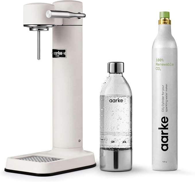 Aarke Carbonator lll with CO2 Cylinder, Sparkling & Carbonation Water Machine, Stainless Steel with PET BPA-Free Reusable Bottle Volume 1L/34 fl oz (Matte White)