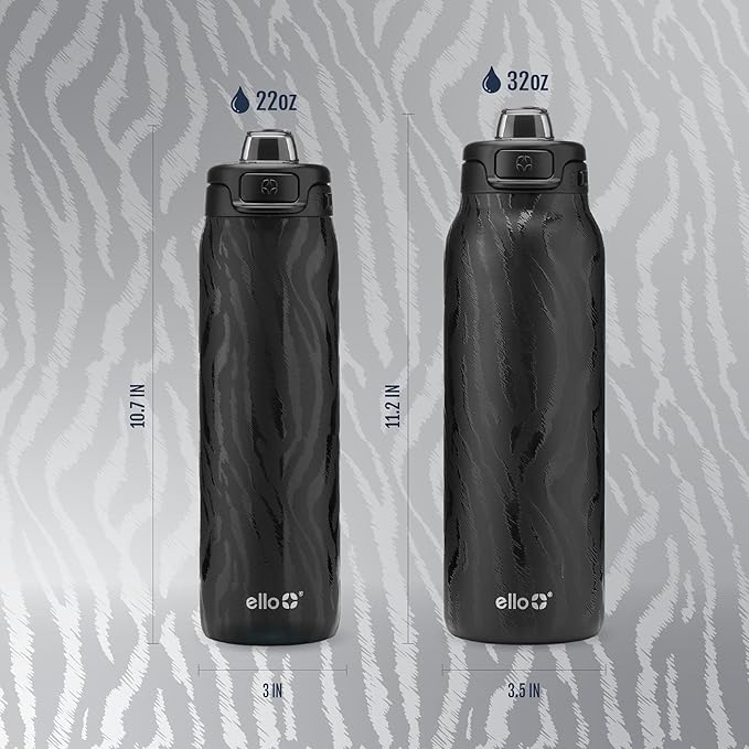Ello Pop & Fill 22oz Stainless Steel Water Bottle with QuickFill Technology, Double Walled and Vacuum Insulated, Leak Proof Locking Lid, Straw and Chug, Fits Cupholder, Reusable BPA Free, Black Zebra