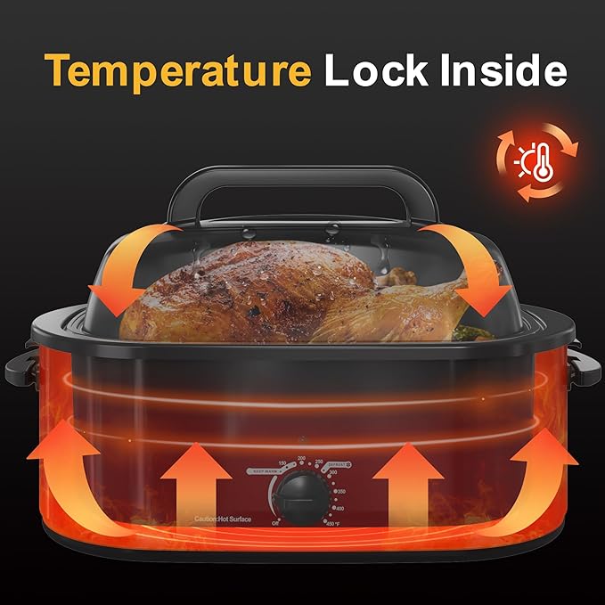 24 Quart Electric Roaster Oven with Visible & Self-Basting Lid, Large Turkey Roaster with Defrost Warm Function, Adjustable Temperature, Removable Pan Rack, Stainless Steel