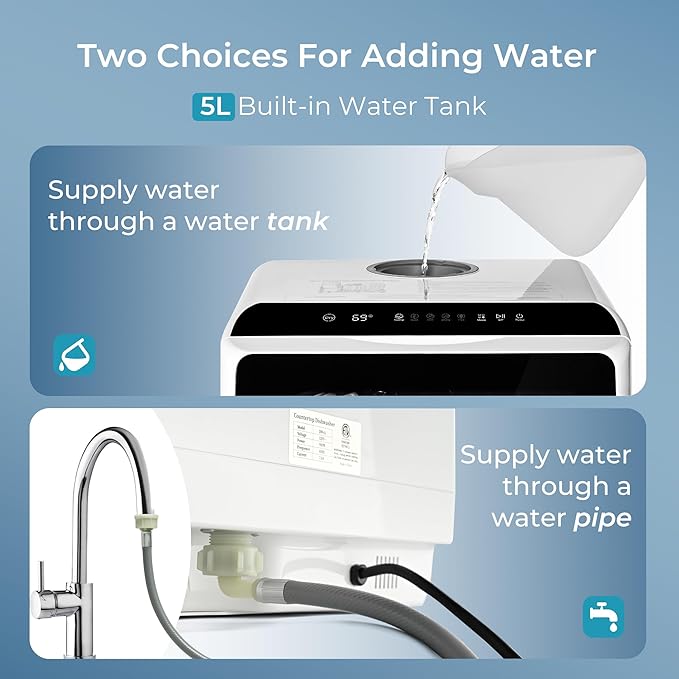 EUHOMY 6 Programs Countertop Dishwasher, Portable Dishwasher with 5L Built-in Water Tank & Inlet Hose, Mini Dishwasher for Apartments and RVs, High-Temp & Air-Dry Function, No Hookup Needed, Black