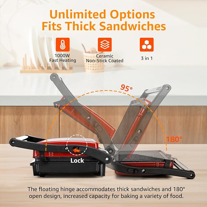 Panini Press Grill, Aigostar 1000W Sandwich Maker with Ceramic Non-stick Plates, Opens 180 Degrees for Any Size Food, 3-in-1 Sandwich Press Electric Grill, Drip Spout & Locking Lid, Red