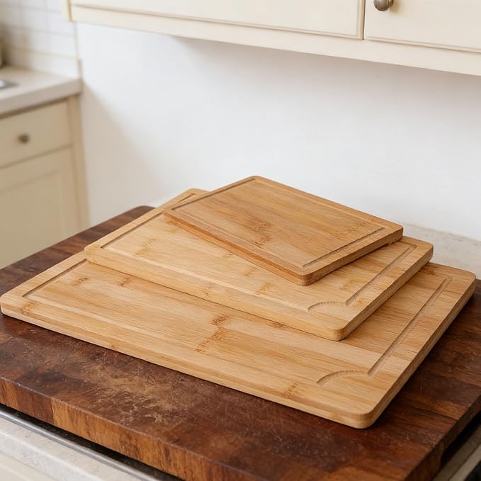 3pcs Wood Chopping Boards Set, Smooth Cutting Boards with Grooves and Inner Handles for Kitchen, Meat Vegetables Fruits