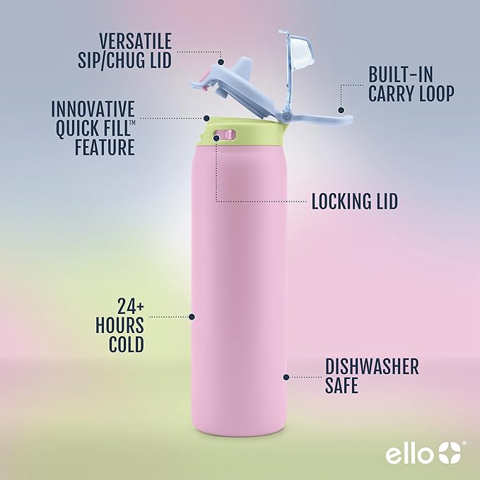 Ello Pop & Fill 40oz Stainless Steel Water Bottle with Quick Fill Technology, Double Walled and Vacuum Insulated Metal, Leak Proof Locking Lid, Sip and Chug, Reusable, BPA Free, Rosy Skyline