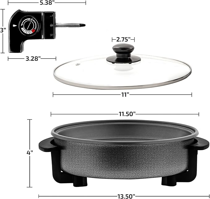 OVENTE 11.5-Inch Electric Skillet & Frying Pan, 1400W Nonstick Cooking Pan with Adjustable Temperature Control, Tempered Glass Lid with Steam Vent, Cool-Touch Handles, Easy-Clean Black SK11112B