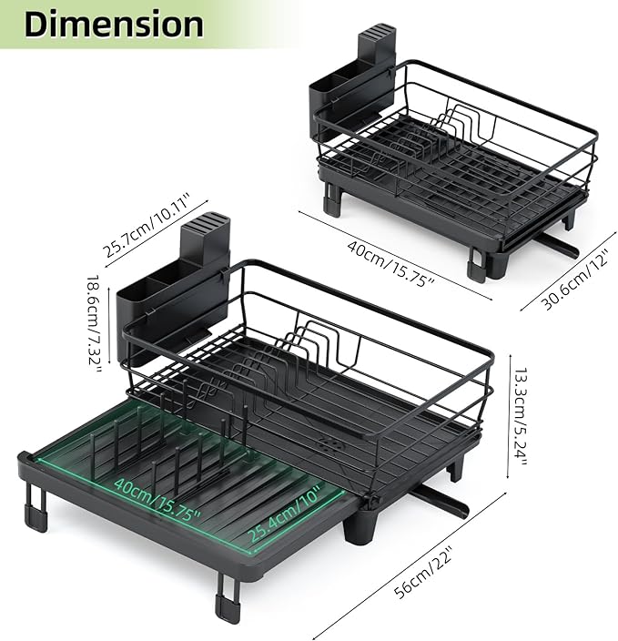 TOOLF Extendable Dish Drying Rack, Multifunction Dish Rack for Kitchen Counter, Large Expandable Dish Drainer,Dryer Rack with Drainboard & Utensil Holder, Black