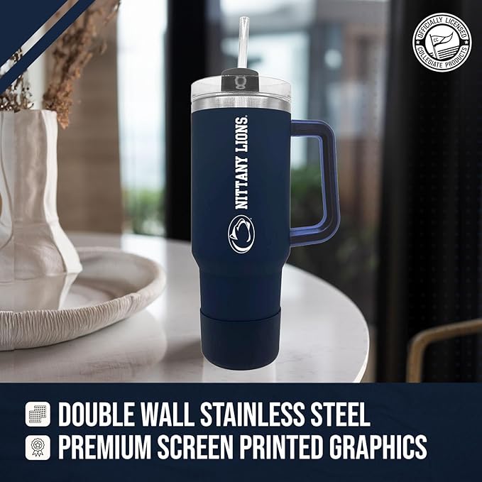 Campus Colors College & University 40 oz Travel Tumbler With Handle - Dual Option Lid With Straw - Vacuum Insulated Stainless Steel (Penn State Nittany Lions - Navy)