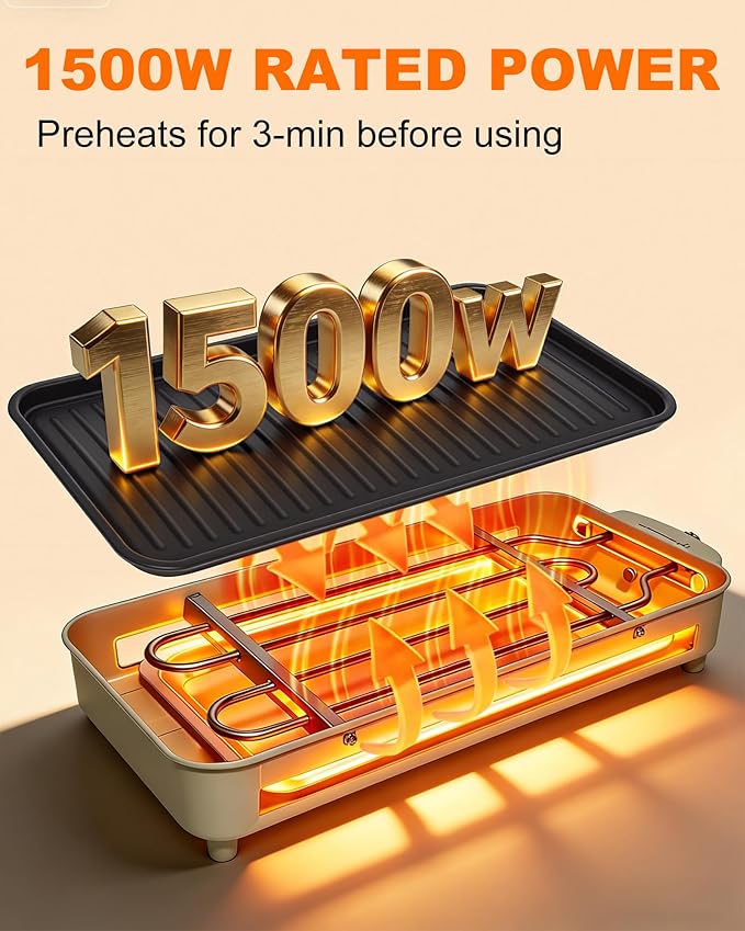 1500W Electric Indoor Grill, 3 in 1 Smokeless Korean Barbecue Grill with Net & Non-Stick Removable Plate and Velcro, Temperature Control & Dishwasher Safe, Smokeless Korean BBQ for Kitchen Party