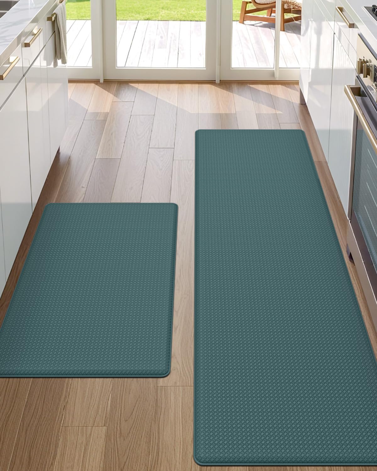 DEXI Kitchen Floor Mats Cushioned Anti Fatigue,17x29+17x59, Standing Runner Rug Waterproof, Comfort Memory Foam Padded for Front Sink Laundry Set of 2, Hunter Green