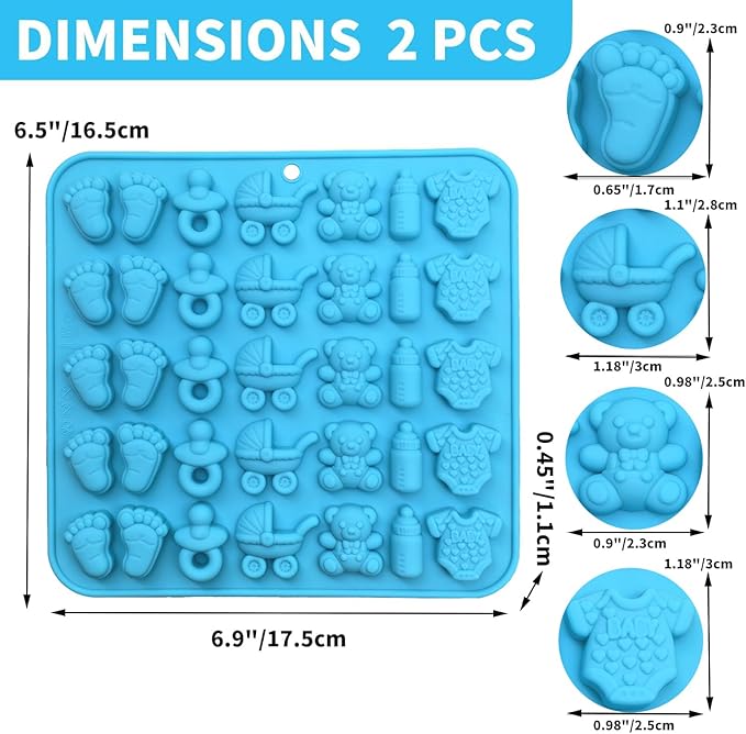 2 Pack Silicone Chocolate Molds - Feet, Onesie Bottle Pacifier Carriage Bear Mold, Silicone Mold for Candy Gummy Cake Cupcake Decoration Chocolate