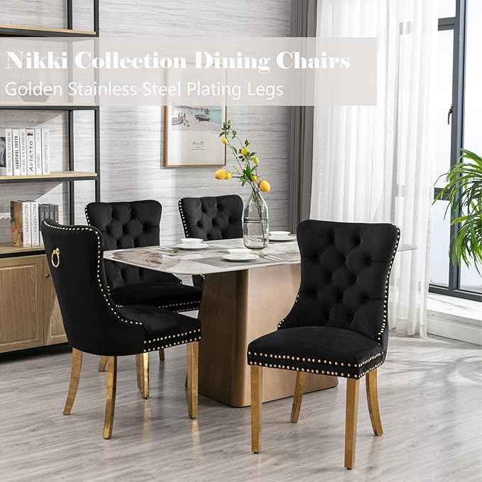 Black Velvet Dining Chairs Set of 4, Upholstered Dining Room Chairs with Back Ring Pull Trim and Golden Stainless Steel Legs,Modern Dining Chairs for Dining Room,Kitchen(Black)
