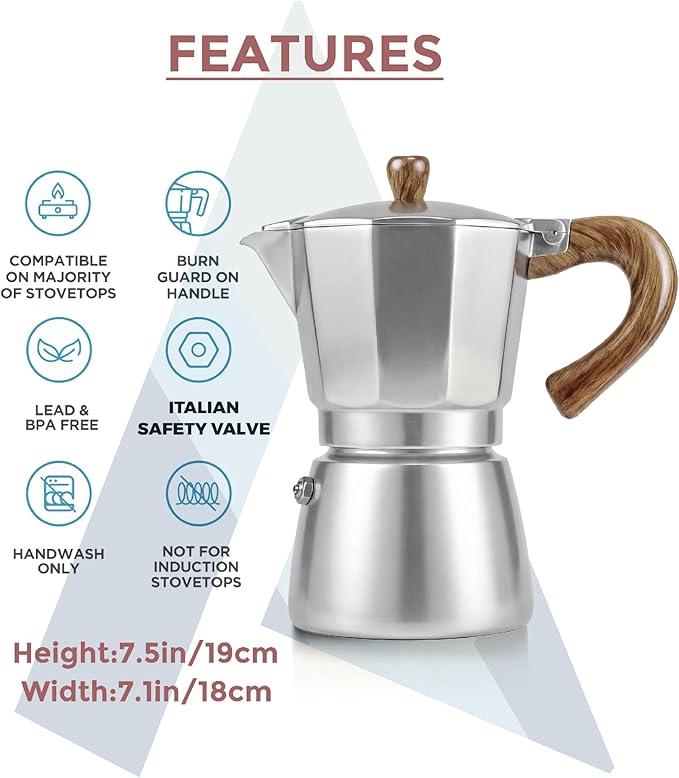 AGOGO Milano Moka Pot Stovetop Espresso Maker with 100 Paper Filters for Sediment-Free Coffee, Classic Italian Greca with Wood-Grain Handle,Cleaning Brush & Towel 6 Cup (10oz / 300ml) Silver