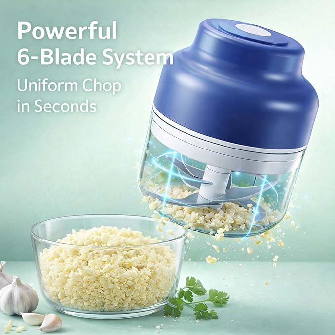 2026 New Small Electric Garlic Chopper Mini, Garlic Chopper Mincer With 6 Stainless Steel Blades, Portable Rechargeable Cordless Chopper For Onion, Chili, Ginger, Nuts, Meat & Fruits (1 set)