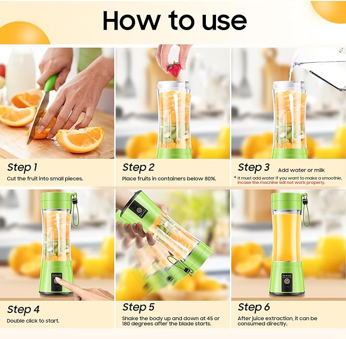 Portable Blender for Smoothies & Shakes - Cordless Personal Size Blender with 6 Blades, 380Ml Juice Cup, Lightweight & Rechargeable, Freshly Squeezed for Picnic/Sports/Office